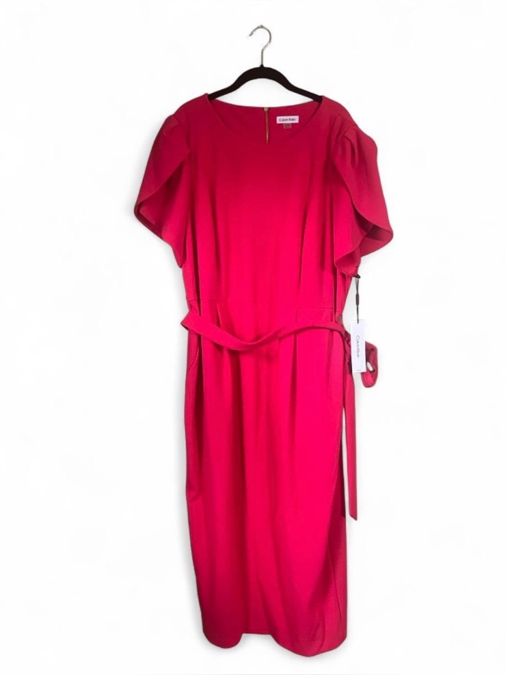 Calvin Klein Dress Sz 22W Bright Fuchsia Belted Midi Dress with Flutter Sleeves